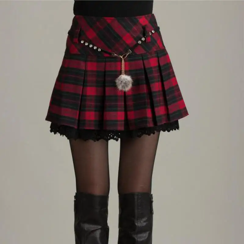 Новая модная универсальная клетчатая юбка с воланом плиссированная юбка шерстяная мини-юбка с блестящей цепочкой на талии