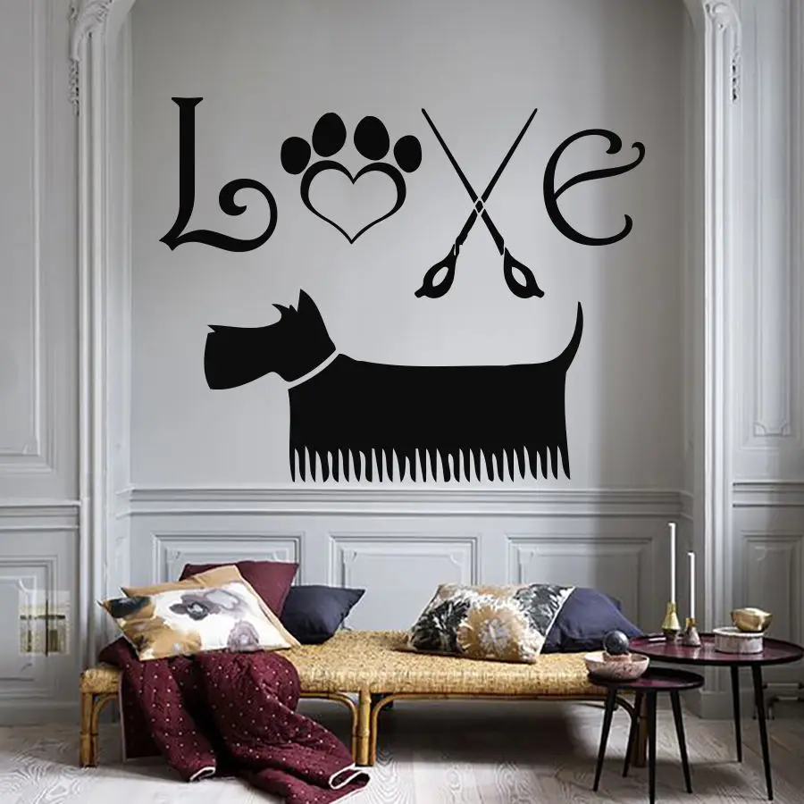 Love Dog Vinyl Wall Stickers Removable Wall Decals Grooming Salon Decal