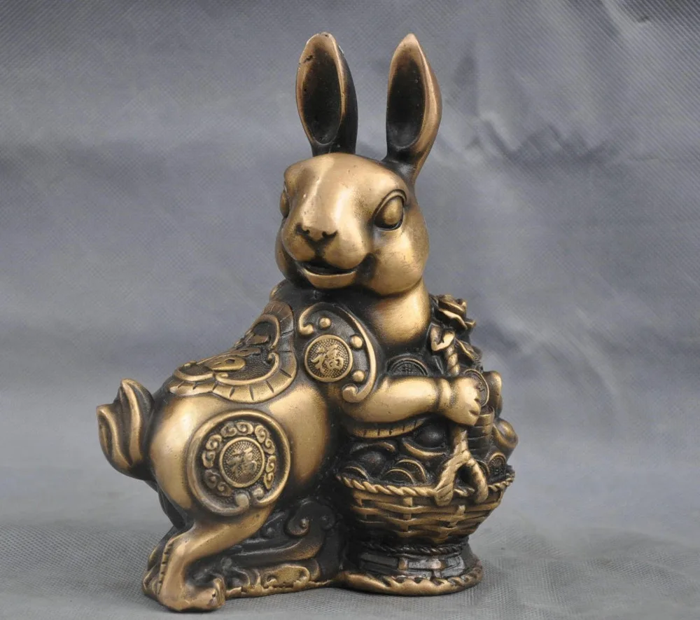 

free 6'' China Folk Fengshui Brass Bronze Statue Zodiac Rabbit Sculpture fast