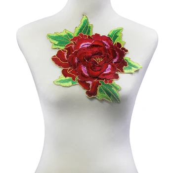 

5pc 3D Red Green Peony Lace Embroidery Applique Iron on Patches Lace Motifs Venise Scrapbooking Clothes Sewing Accessories T2110