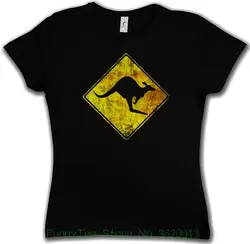 Для женщин футболка кенгуру пересечения Винтаж Логотип Знак girlie рубашка-Австралия Внимание Опасность Для женщин футболка на продажу