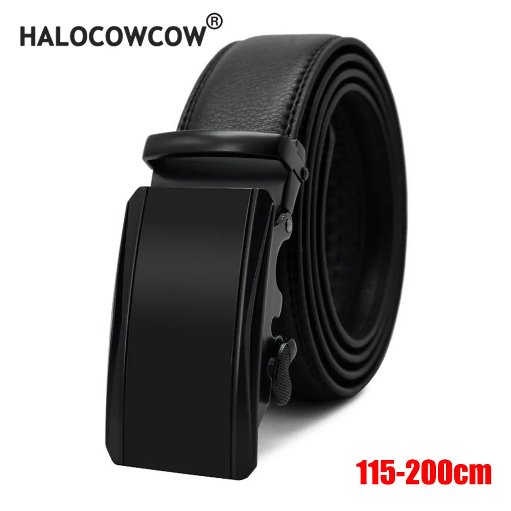 

115-200cm Plus Size Belt for Men Black Genuine Cowskin Leather Belt with Metal Automatic Buckle 140 150 160 180 200cm Male Belts