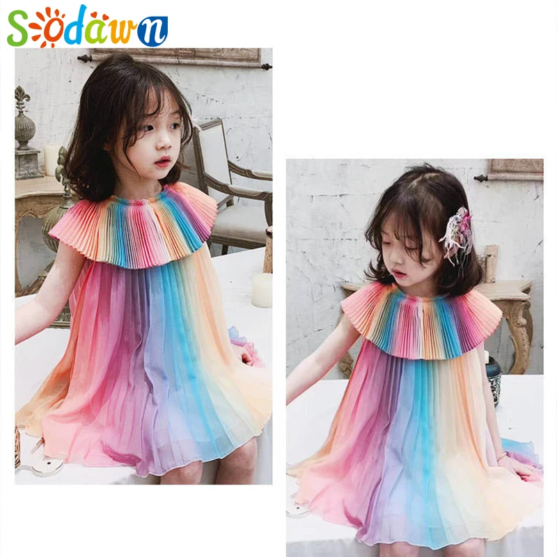 

Sodawn Baby Girl Clothes Summer 2019 New Doll Collar Gradient Chiffon Pleated Dress Princess Party Dresses Girls Costumes Kids