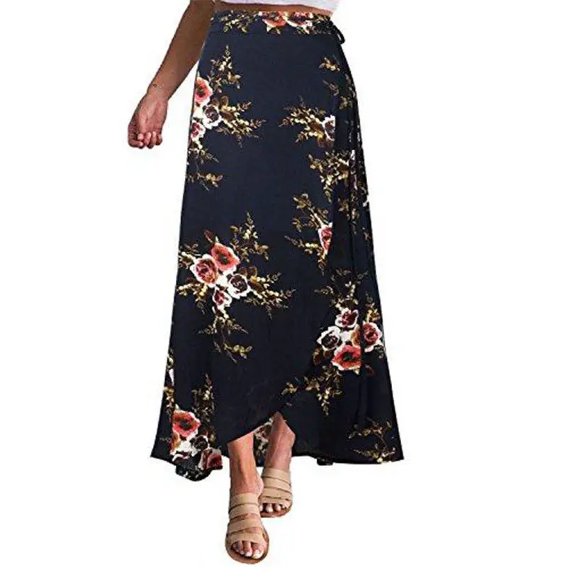 HIRIGIN Floral print long skirt women Casual boho beach summer maxi skirt female Button split streetwear tassel sexy skirts - Цвет: Синий