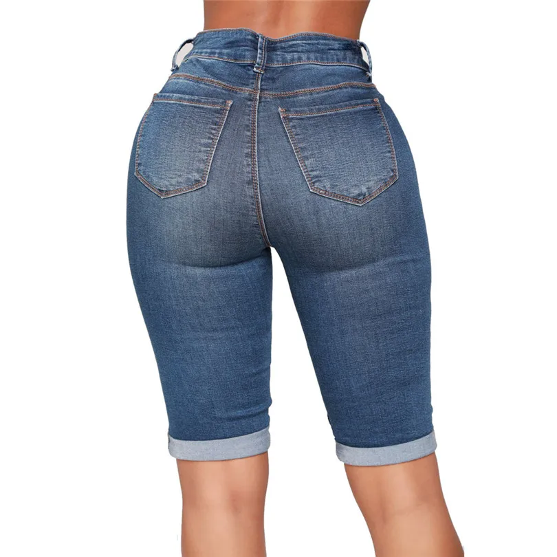 Women Mid Rise Elastic Denim Shorts Women Zip Skinny Denim Knee Length Curvy Stretch Shorts Jeans Skirt Shorts Pantalones 40MR1512