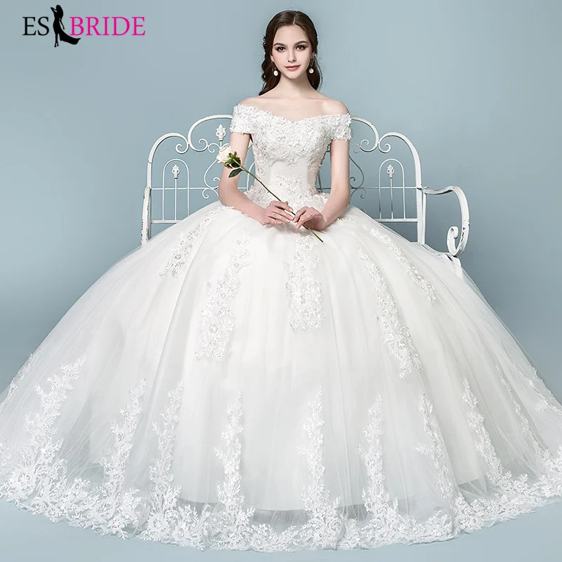 

White Royal Wedding Dress 2019 New Arrival Fashion Boat-neck Vestido De Novia A-line Elegant Formal Luxury Wedding Dress ES1864