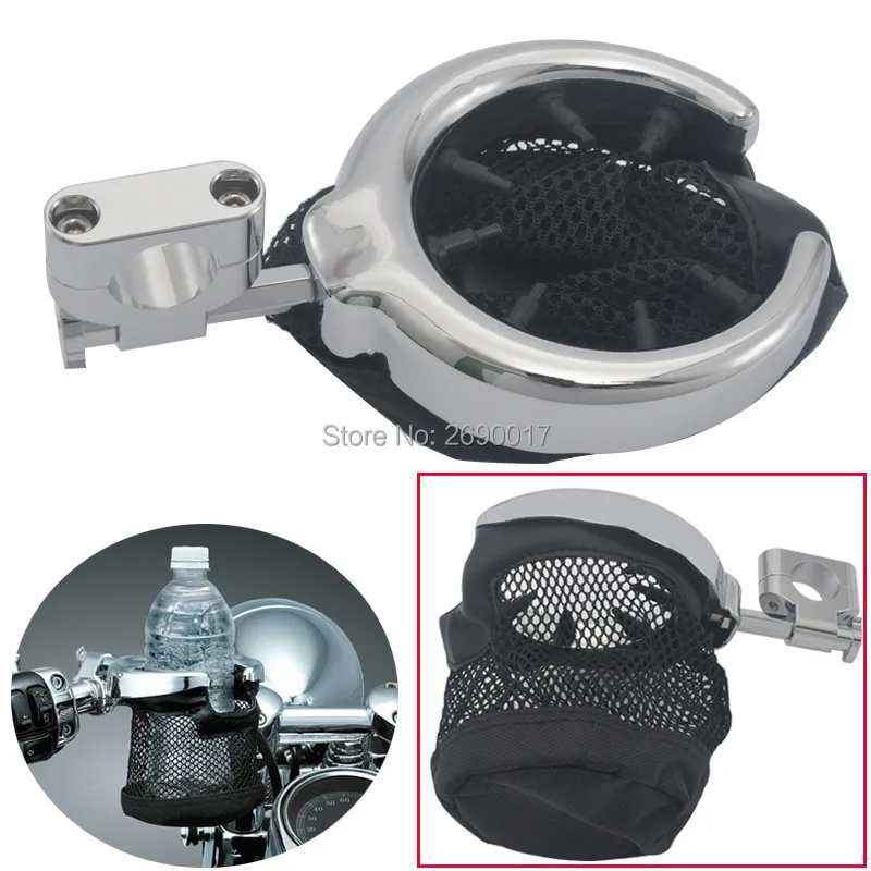 Universal Motorcycle Handlebar Cup Holder Metal Drink W// Mesh Basket For Harley