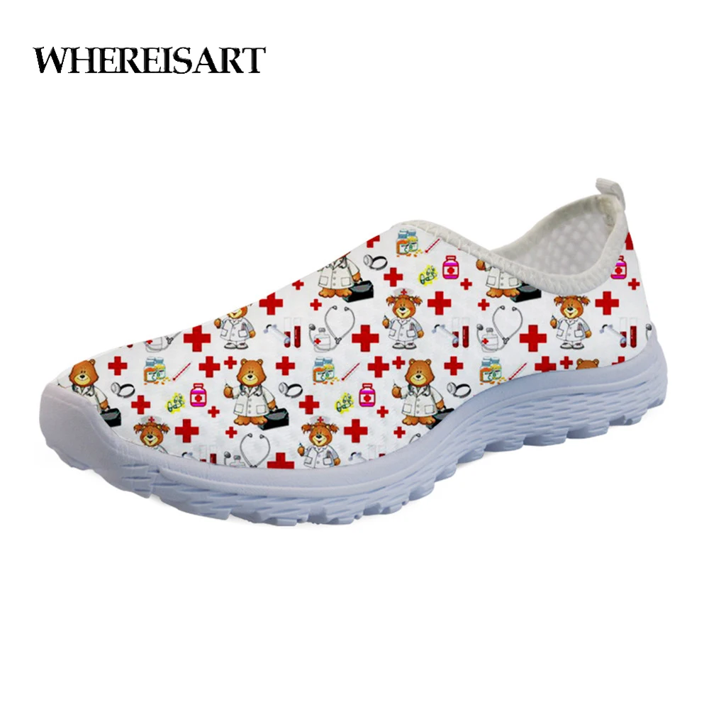 

WHEREISART Female Soft Flats Shoes 3D Cartoon Nurse Bear Prints Mesh Sneakers Summer Beach Loafers Casual Slip-on Zapatos Mujer