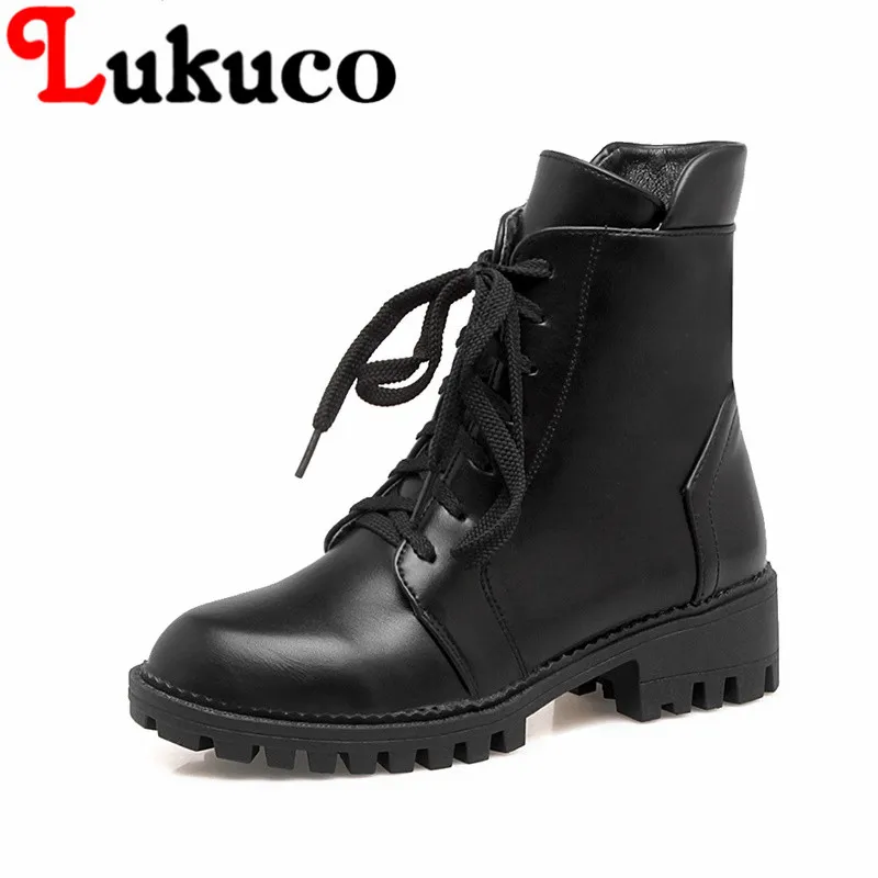 

Lukuco women mid-calf martin boots with cross-tied design spring/autumn high quality PU made med hoof heel zipper shoes