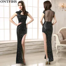 Chinese Traditional Dress Qipao Sexy Oriental Party Dresses Vintage Cheongsam Gown Dress Modern Lace Sequins Qipao Backless Q-13