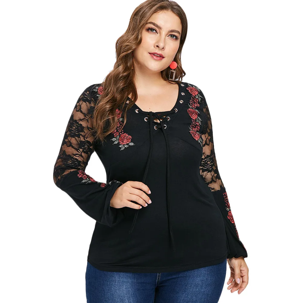 Wipalo Plus Size 5XL Floral Embroidery Appliqued V Neck T Shirt Long ...