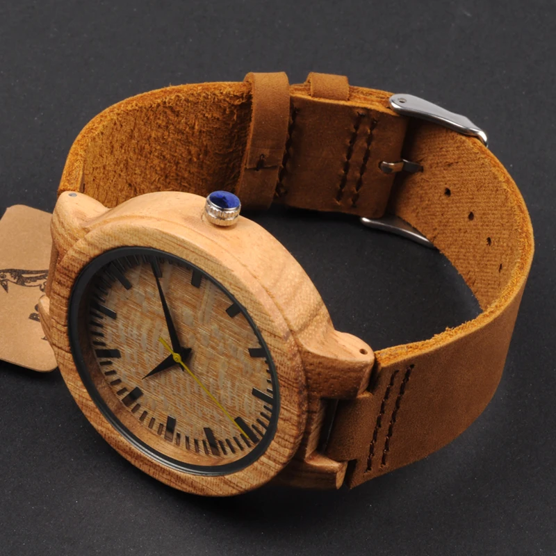 BOBO BIRD WbC20 Male Zebra Wooden Watches with Yellow Second Pointer and Soft Brown Leather Band for Men