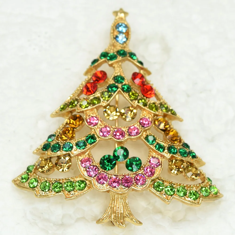 Colorful Rhinestone Golden Christmas Tree brooch Christmas gift party