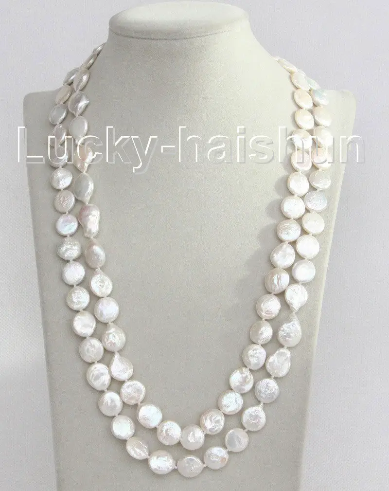 

length 48" 12mm coin fastener white freshwater pearls necklace