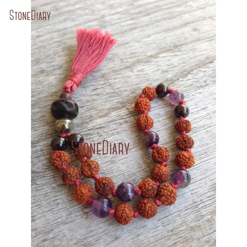 20180312-BM10991-Hand knotted Rudraksha, Amethyst & Garnet 27 Bead Pocket Quarter Mala natural purple gemstone pyrite mantra meditation prayer beads_1