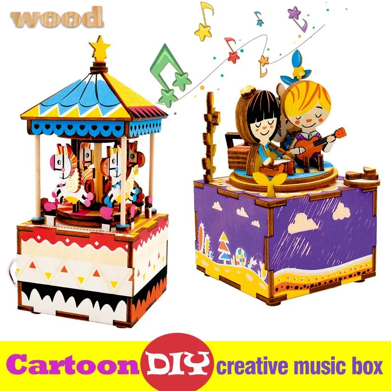 Kreslený kreativní DIY hudební box dřevěný karusel robot zvířecí ptáci tvar hudební boxy pro děti dívky přítel vánoční dárky