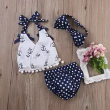 3 шт. Новая одежда для маленьких девочек, топы с изображением якоря и трусы в горошек и повязка на голову, пляжный костюм, одежда