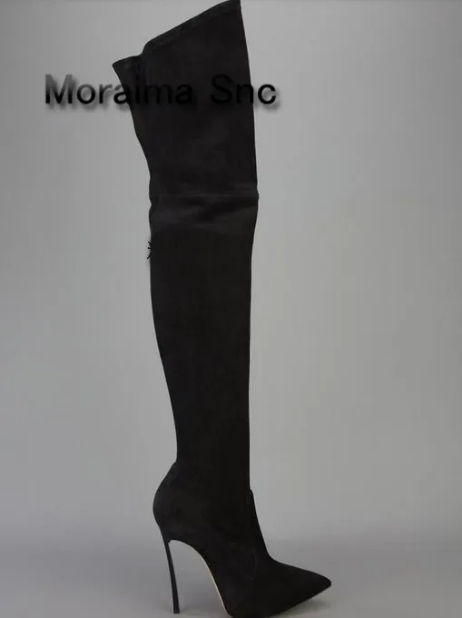 Moraima Snc Name brand flock over-knee long boots for women pointed toe metal heel thigh high boots high heels shoes women 2018