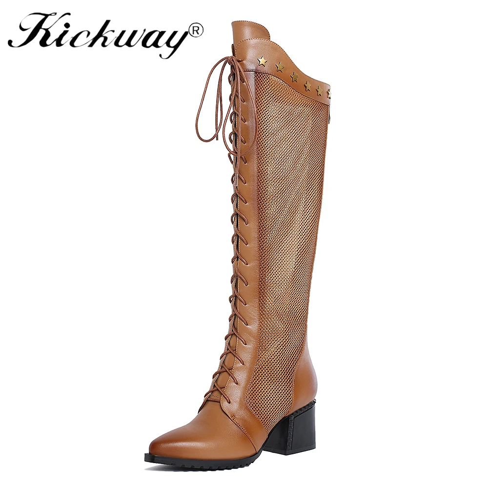 

Kickway 2018 New Fashion Women Genuine Leather Lace High Heels Knee High Boots Spring Summer Sexy Thigh High Boots Hot Botas