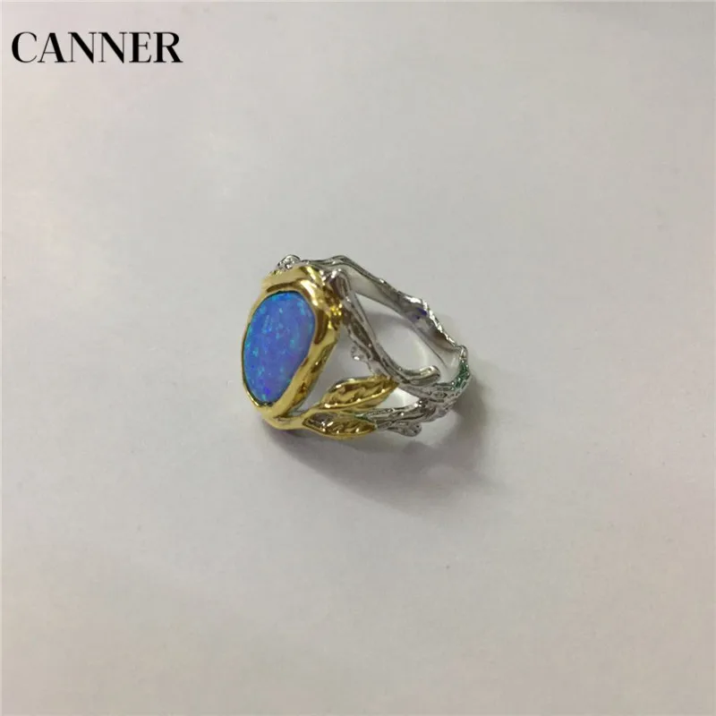Canner винтаж Серебро Золото Цвет листья кольцо кольца с Синим Опалом для женщин Свадебные обручальные ювелирные изделия