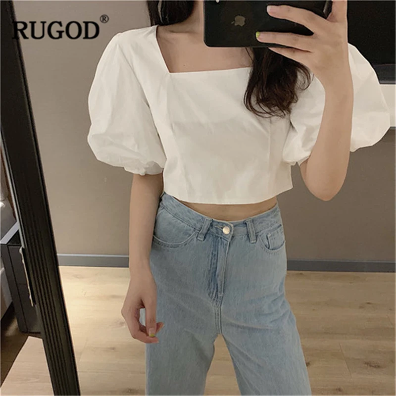 

RUGOD 2019 New Arrival Women Solid Short Shirt Square Collar Short Puff Sleeves Blouse Vintage Casual Stylish Mujer Blusas