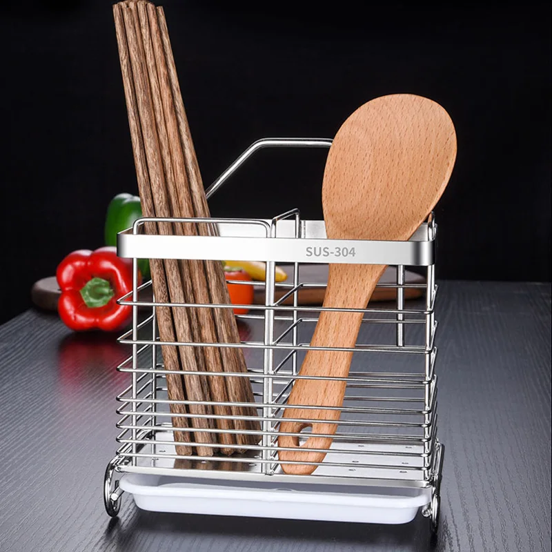 3 Grids Stainless steel hanging chopstick cage fork spoon holder rack reinforced kitchen supplies shelves organizer with hooks