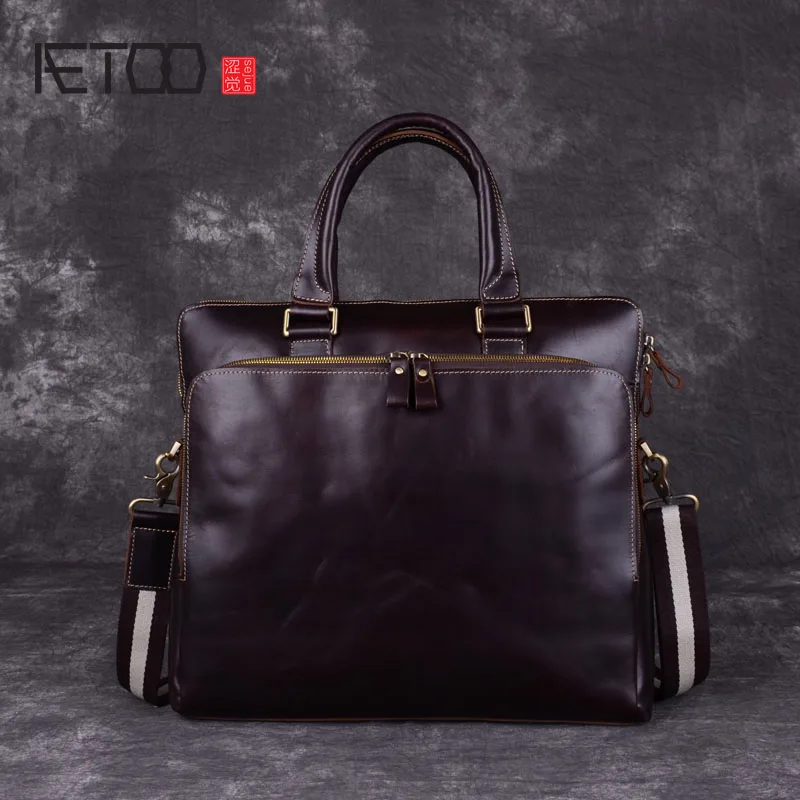 AETOO Men's handbag men's leather briefcase men business cross section leather handmade crazy horse leather men's bag 14-inch co