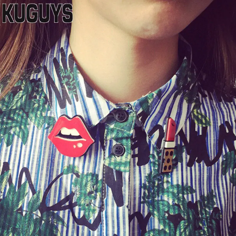 KUGUYS Модные Акриловые украшения на заказ женские золотые серебряные броши в виде губной помады хип-хоп сексуальные красные губы брошь