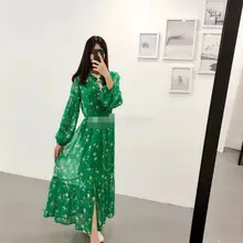 Женское платье Новое зеленое шелковое платье с принтом с подтяжками