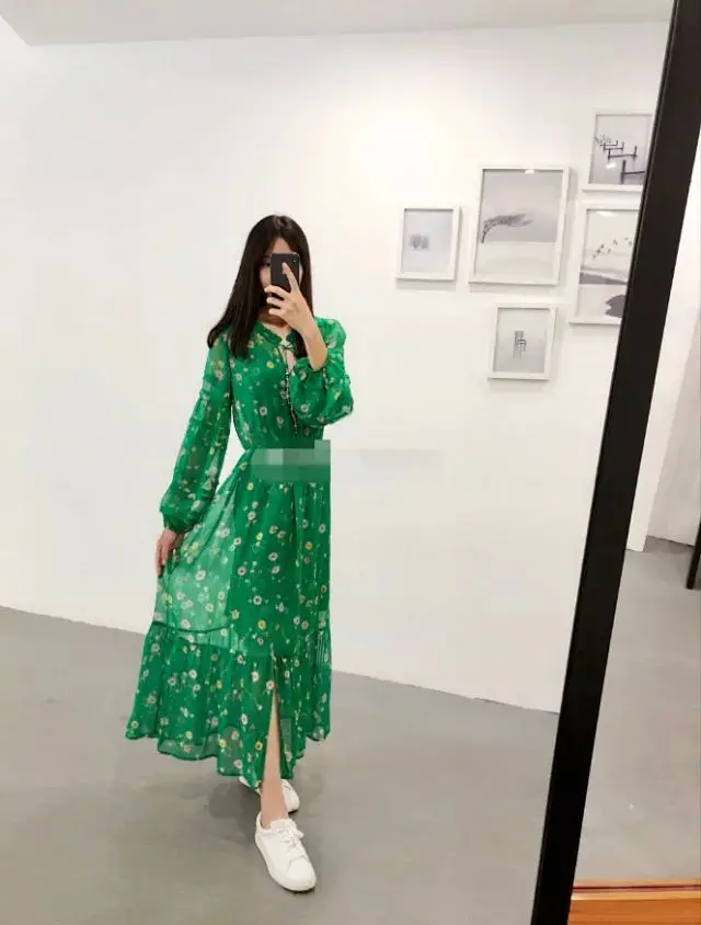 

Women Dress 2019 New Green Printed Silk Dress with Suspenders