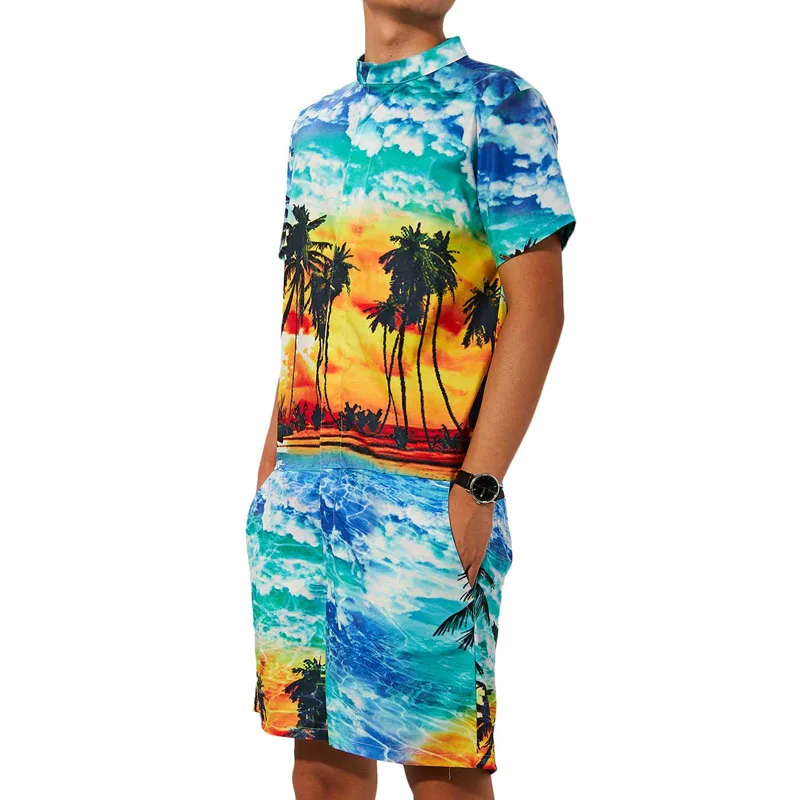 Летние мужские комбинезоны с 3D принтом пальмы, комбинезон с коротким рукавом, модный пляжный комбинезон, Облегающий комбинезон, рубашки, шорты