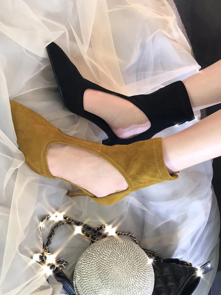 

Yellow Black Suede Women Sandals High Top Botas Sandalias Mujer Pointed Toe Chic Fretwork Cut-outs Ladies Shoes Back Zipper