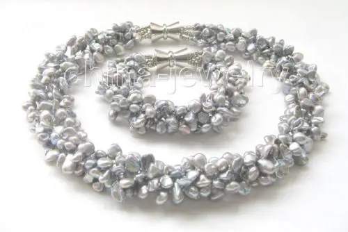 

shipping18" & 8" 5row gray baroque keshi reborn freshwater pearl necklace & bracelet