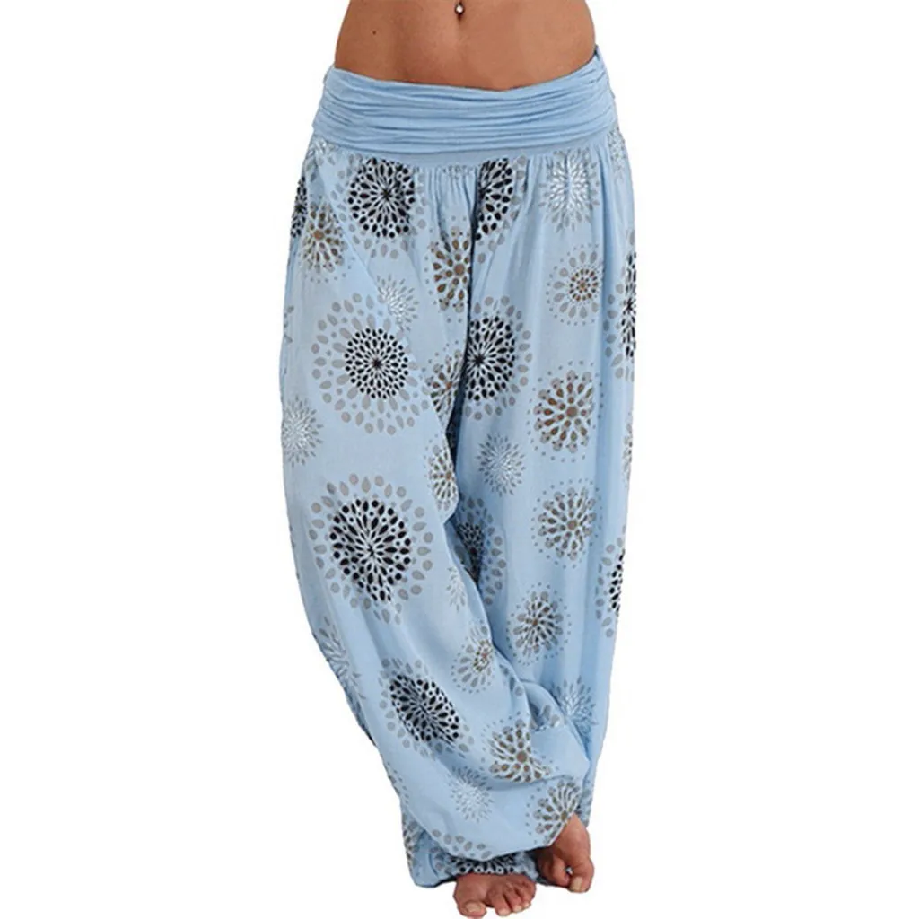 Light blue Женские брюки плюс размер 5XL пляжный с завышенной талией брюки Этнические Печатные Эластичные женские брюки Spodnie Damskie Прямая C - Цвет: Light blue