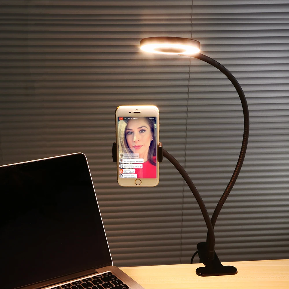 ET 2 in 1 Lazy Phone Holder Selfie Ring Light Phone Bracket Flexible Mobile Phone Clip Holder with LED Lamp for Samsung iPhone