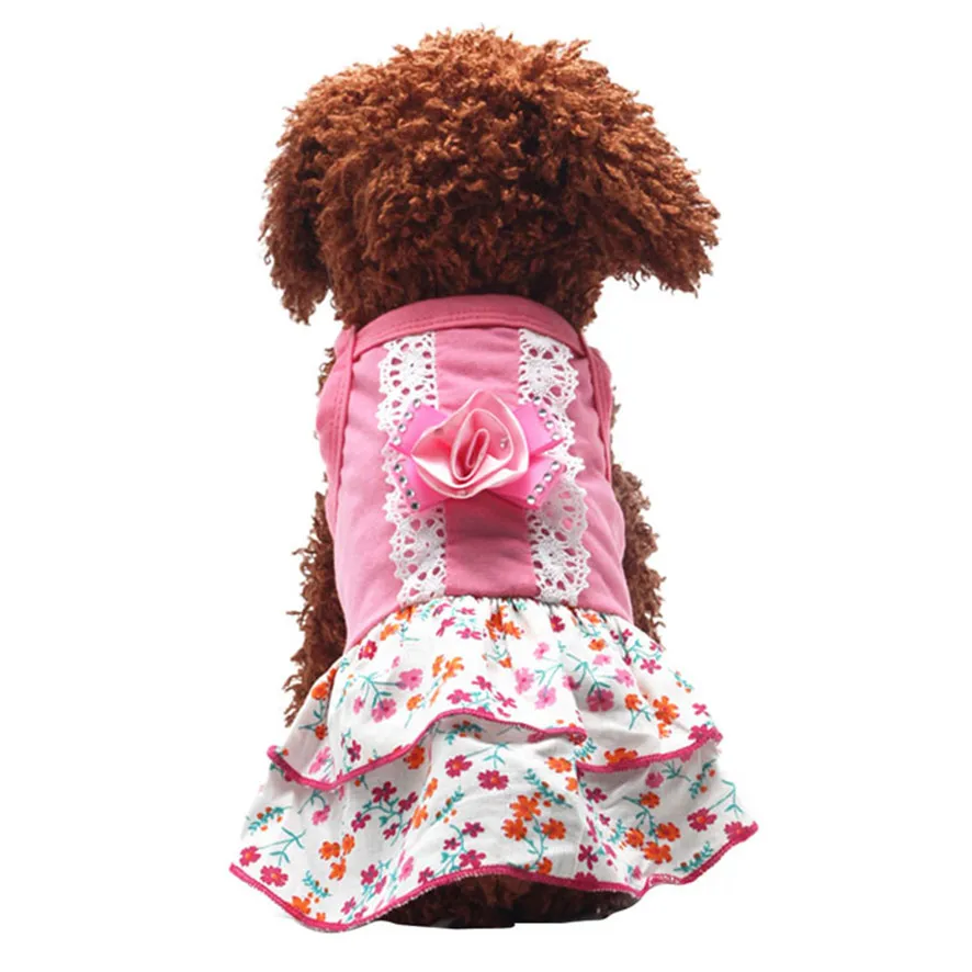 Cute 2017 Dog Puppy Flower Skirts Dress Crystal Bowknot Lace Floral Pet