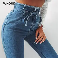 WKOUD 2018 Высокая Талия Джинсы для Для женщин женские Повседневное одноцветное джинсовые штаны брюки с поясом модные, пикантные уличные Штаны