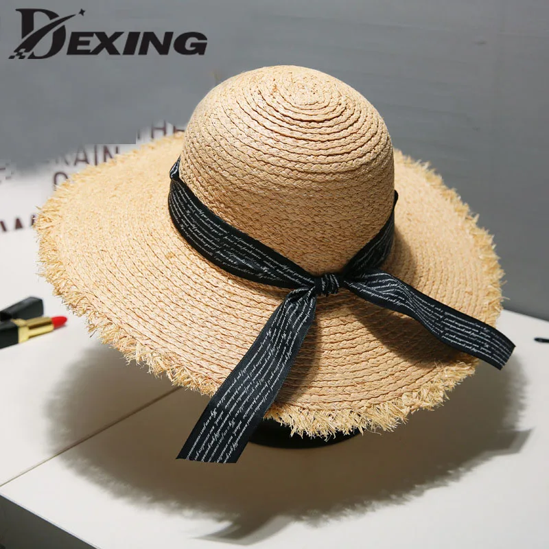 2019 stylish wide brim ribbons ladies straw hat beach sun hat for women