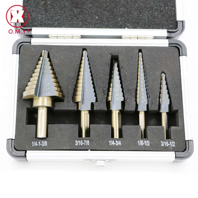 New Arrival High Quality 5pcs/Set HSS COBALT MULTIPLE HOLE 50 Sizes STEP DRILL BIT SET  Aluminum Case