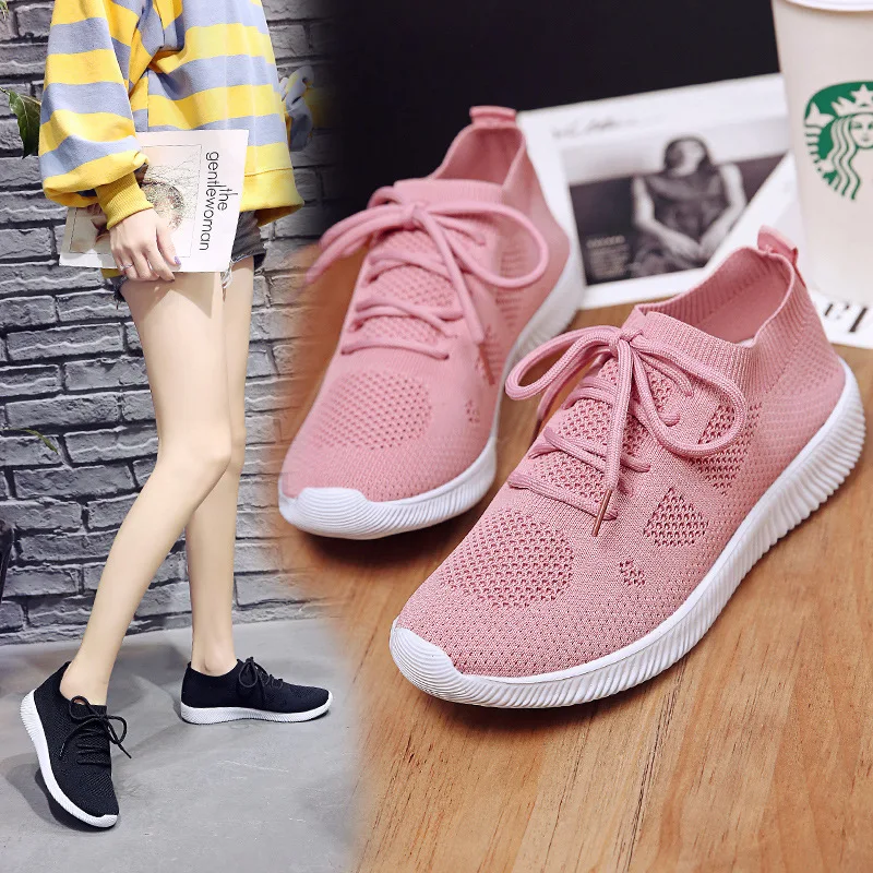 

Luxury Women Shoes Falts 2019 Spring/Autumn New Fashion Sneakers Stretch Fabric Casual Solid Lace-Up Shoes Woman High Quality