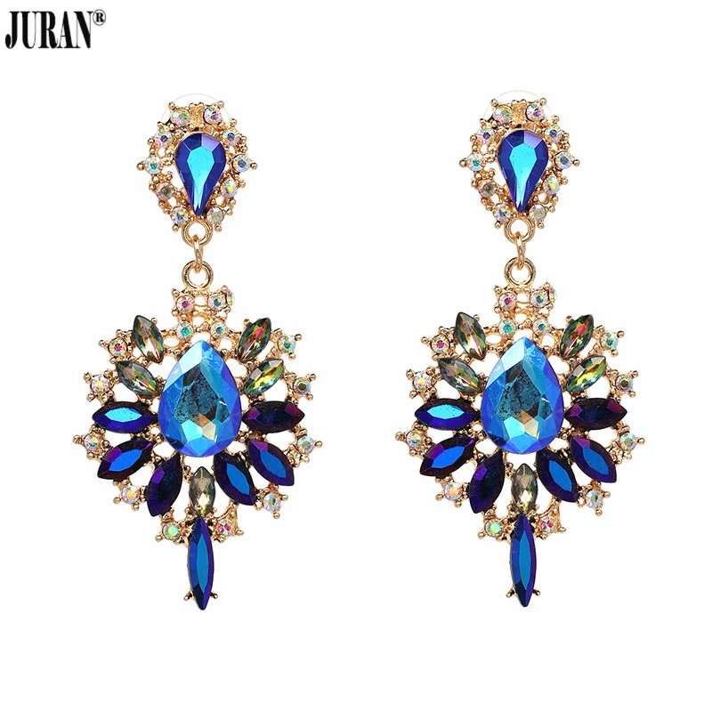

JURAN Exquisite Crystal Long Dangle Earrings For Women Blue Trendy Rhinestones Drops Earrings Statement Jewelry