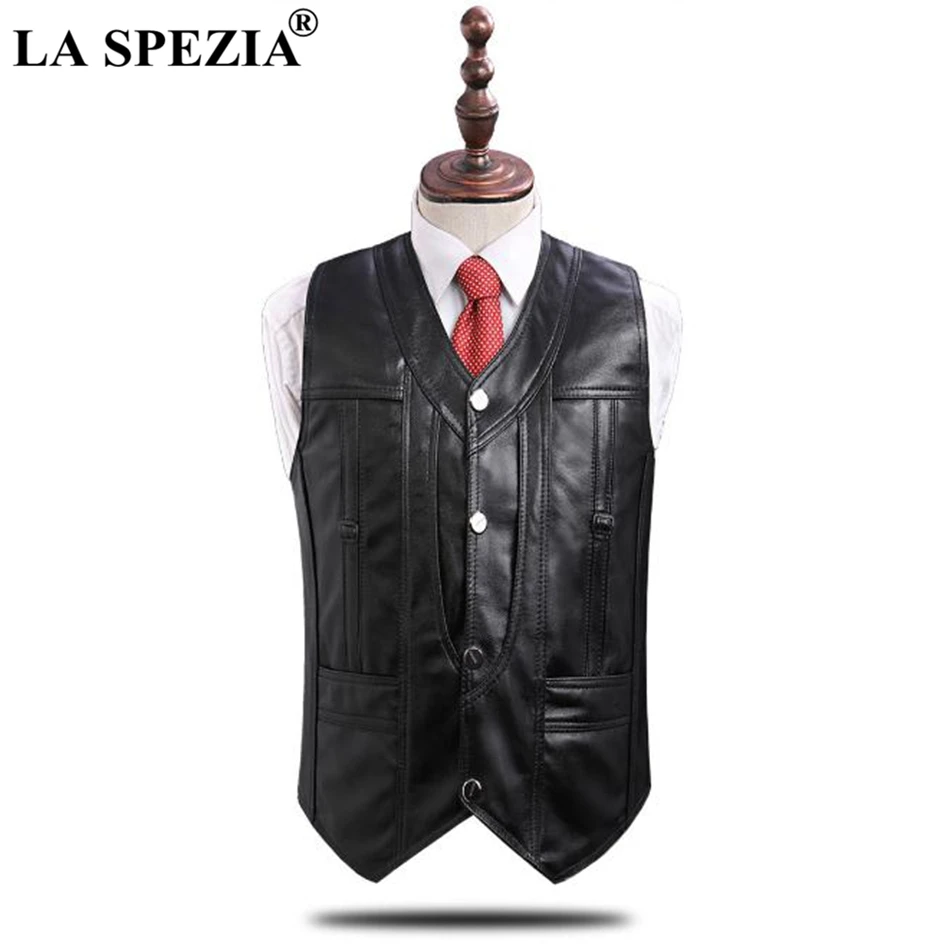 LA SPEZIA Leather Vest Men Black Formal Waistcoat Male Real Leather Slim Fit Pocket Vintage Autumn Brand Sleeveless Jacket 2019