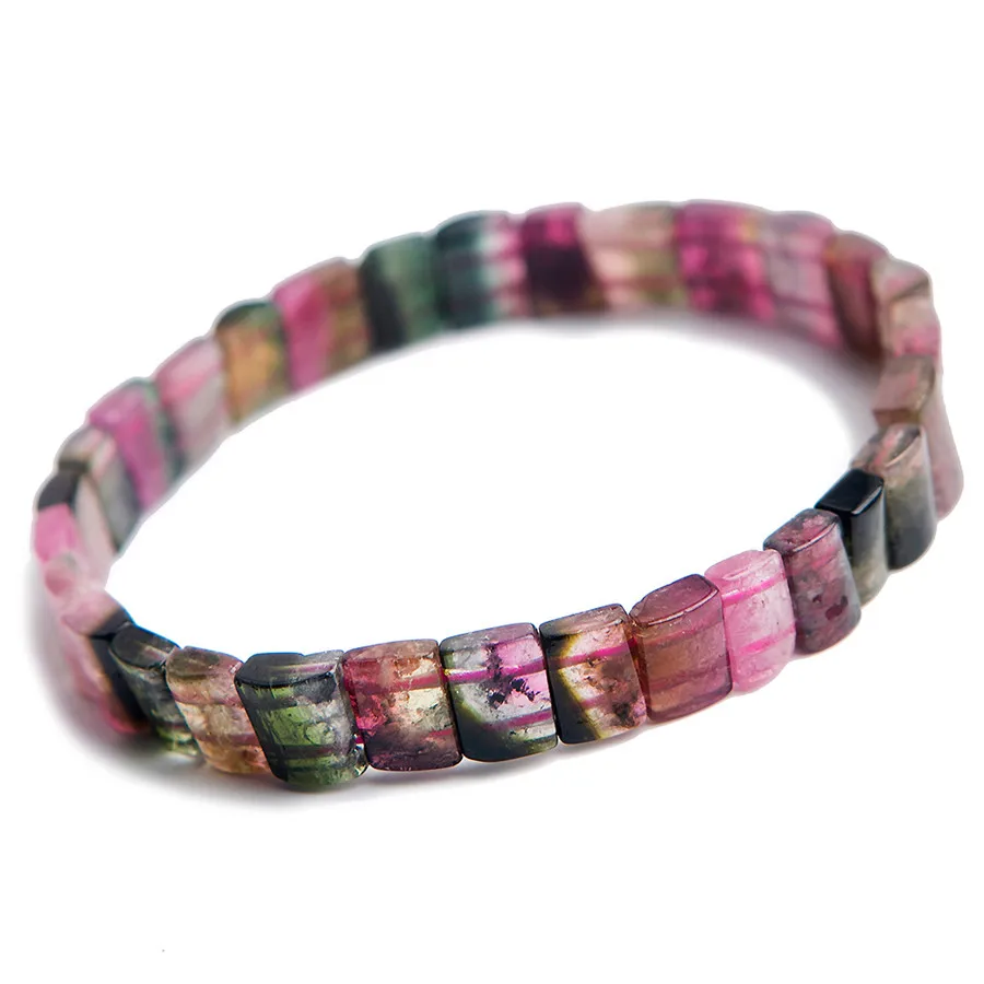 

Woman Lady Stretch Crystal Rectangle Beads Bracelet 8*4mm Genuine Colorful Natural Tourmaline Bracelet Drop Shipping