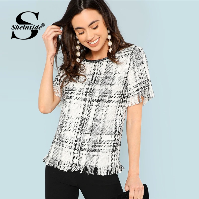 Skup Sheinside Czarny i Biały Hem Tweed Plaid Bluzka Lato Bluzki Dla Kobiet 2018 Ubrania Z Kr oacute;tkim Rękawem Koszula Pracuj OL Elegancki bluzki