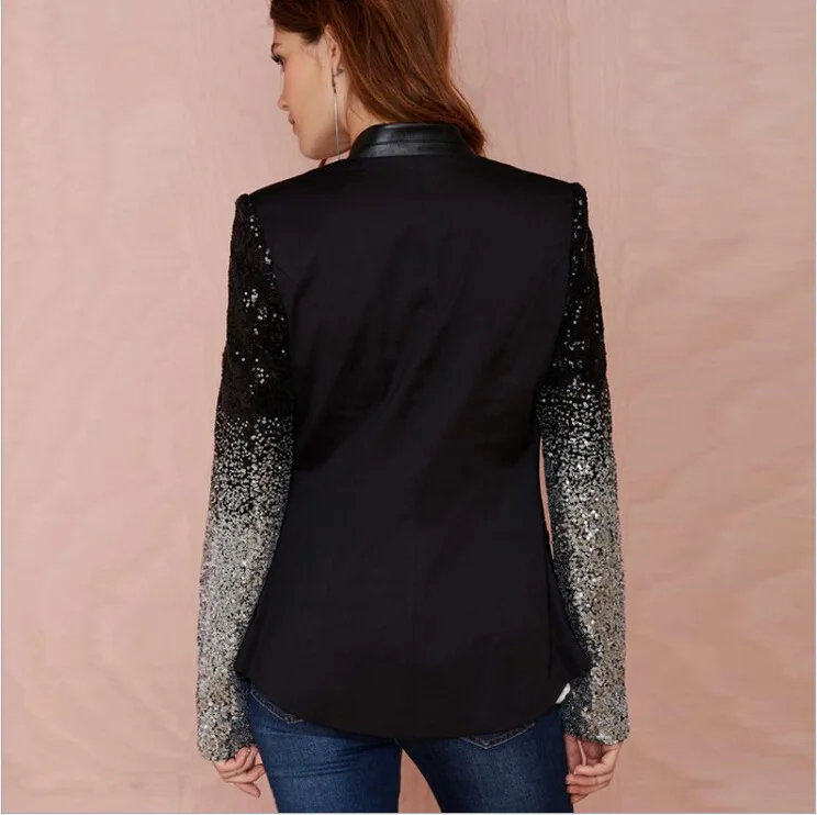 Mr.nut sequin stitching single button slim slimming black women's small suit  Patchwork  Office Lady  women blazers and jackets
