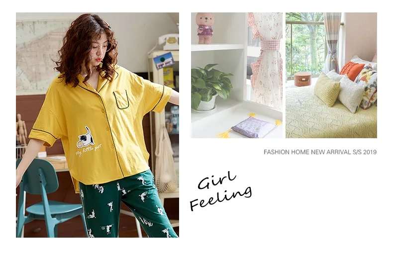 Дамский пижамный комплект из 2 предметов, милый летний комплект с рисунком кота, короткий рукав+ штаны, хлопковые тонкие милые пижамы большого размера, комплект домашней одежды