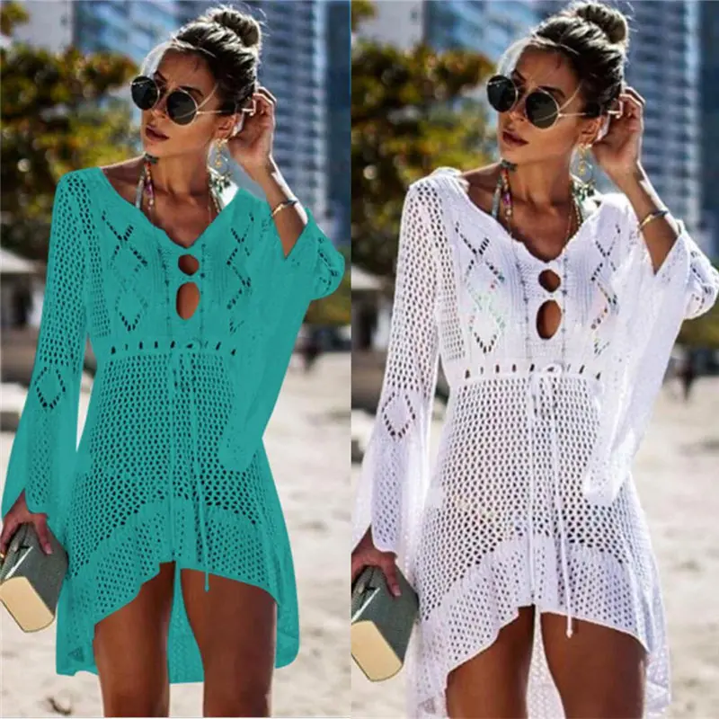 

2019 Summer Women Beachwear Sexy White Crochet Tunic Beach Wrap Dress Woman Swimwear Swimsuit Cover-ups Bikini Cover Up