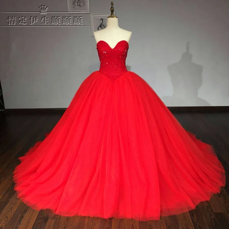 Real Photo Vestidos De Novia 2017 Red font b Wedding b font Dresses Beaded Princess Ball