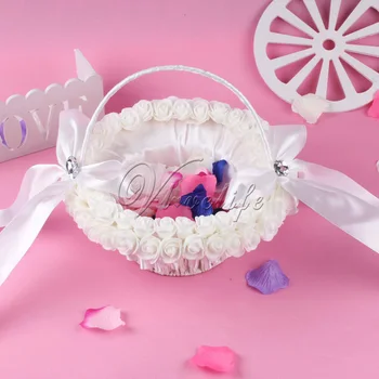

White Rose Flower Wedding Basket with Satin Ribbons Bow Rhinesotne Storage Hanging Candy Basket Wedding Party Decorations