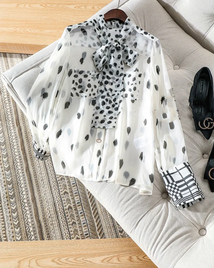 

SE High Elegant Exquisite Heavy Silk Irregular Leopard Print Point Printing Lady Quality Shirt Jacket Woman blouse